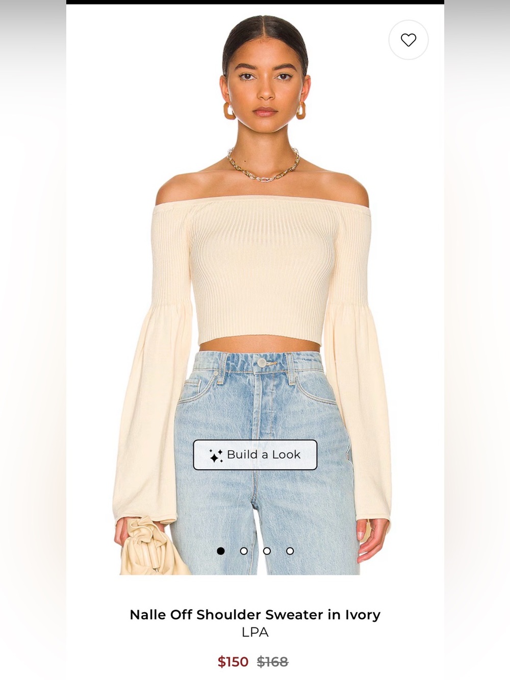 LPA Ivory Off-Shoulder Ribbed Crop Top with Dramatic Bell Sleeves